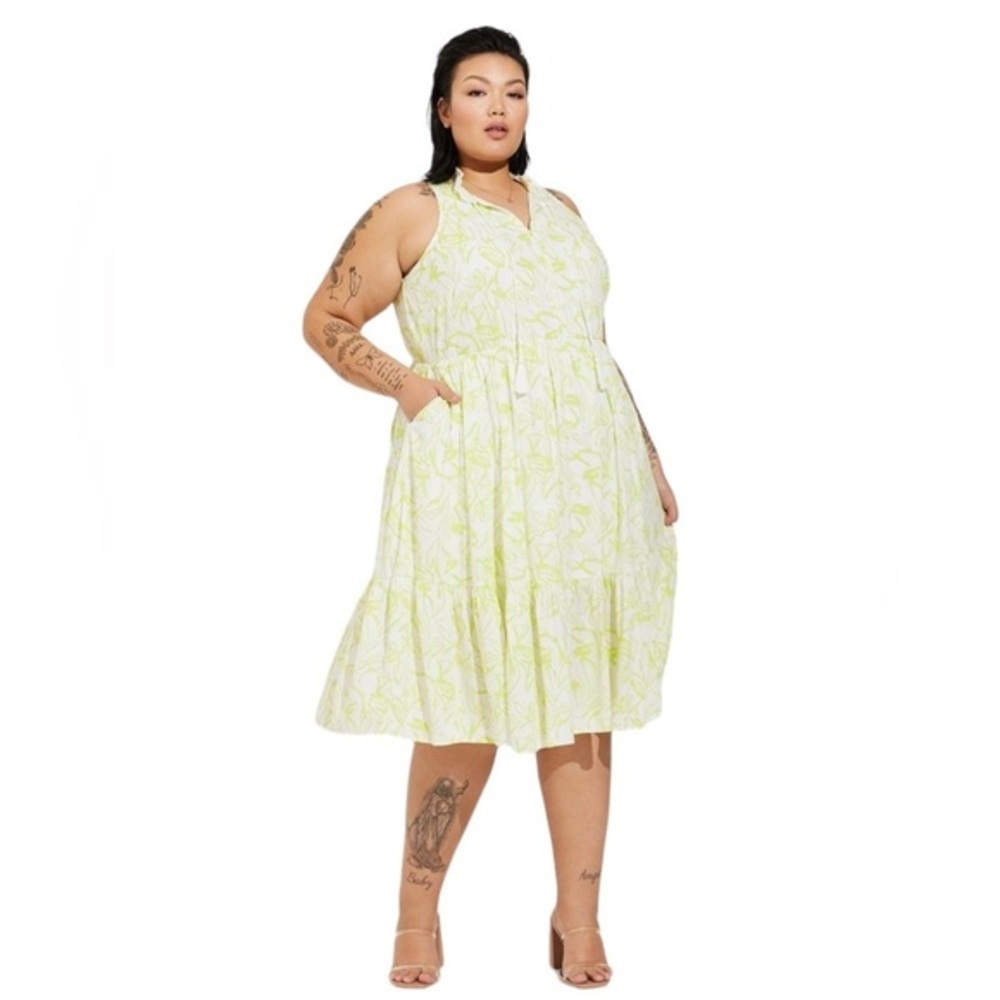 TORRID MIDI GAUZE TIERED FLORAL YELLOW GREEN WHITE SLEEVELESS LINED DRESS 4X